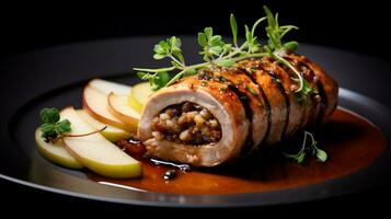 foto de salchicha y manzana relleno Cerdo lomo como un plato en un gama alta restaurante. generativo ai