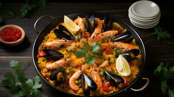 foto de Mariscos paella como un plato en un gama alta restaurante. generativo ai