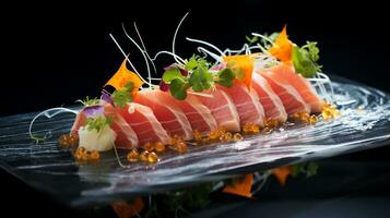 foto de sashimi como un plato en un gama alta restaurante. generativo ai