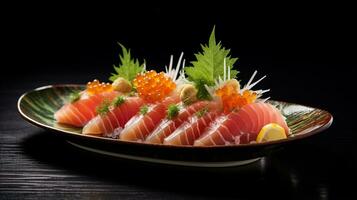 foto de sashimi como un plato en un gama alta restaurante. generativo ai