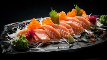foto de sashimi como un plato en un gama alta restaurante. generativo ai