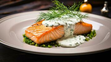 Photo of Salmon with Dill Sauce as a dish in a high-end restaurant. Generative AI