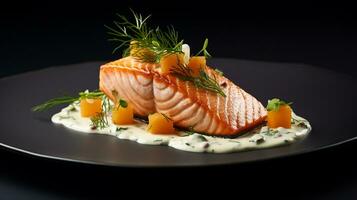 foto de salmón con eneldo salsa como un plato en un gama alta restaurante. generativo ai