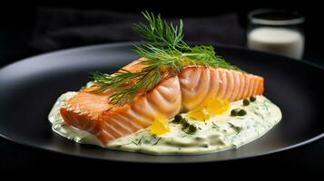 Photo of Salmon with Dill Sauce as a dish in a high-end restaurant. Generative AI