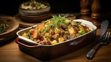 Photo of Sage and Sausage Stuffing as a dish in a high-end restaurant. Generative AI