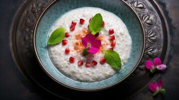 Photo of Rose Water Rice Pudding - Roz Bel Laban as a dish in a high-end restaurant. Generative AI