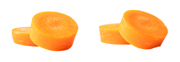 Front view of two pair of separated beautiful orange carrot slices isolated with clipping path in png file format