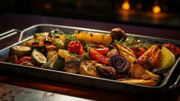 foto de asado vegetal plato como un plato en un gama alta restaurante. generativo ai
