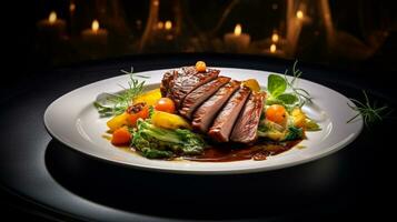 Photo of Roasted Duck as a dish in a high-end restaurant. Generative AI