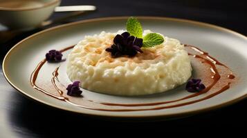 Photo of Rice Pudding as a dish in a high-end restaurant. Generative AI