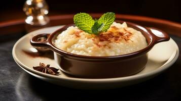 Photo of Rice Pudding as a dish in a high-end restaurant. Generative AI