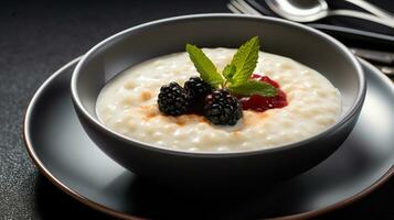 Photo of Rice Pudding as a dish in a high-end restaurant. Generative AI