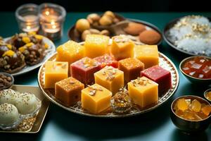 Festive ensemble Group of Indian mithai sweets adorned with a decorative diya AI Generated photo