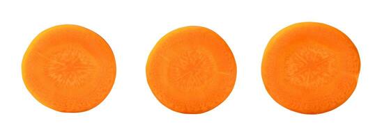 Top view of three separated fresh orange carrot slices isolated on white background with clipping path photo