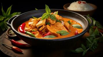 Photo of Red Curry Chicken as a dish in a high-end restaurant. Generative AI