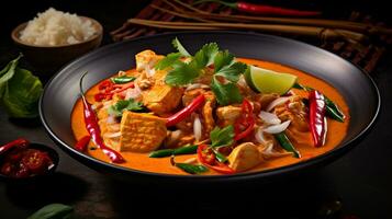 Photo of Red Curry as a dish in a high-end restaurant. Generative AI