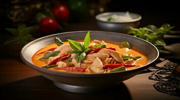 Photo of Red Curry as a dish in a high-end restaurant. Generative AI