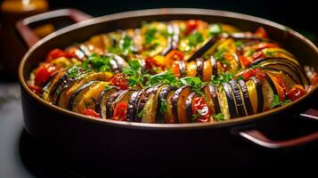 Photo of Ratatouille as a dish in a high-end restaurant. Generative AI