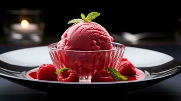 Photo of Raspberry Sorbet as a dish in a high-end restaurant. Generative AI