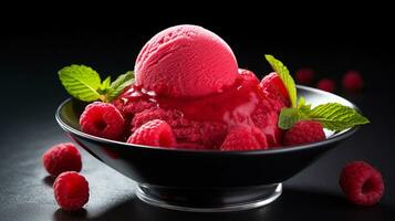 Photo of Raspberry Sorbet as a dish in a high-end restaurant. Generative AI