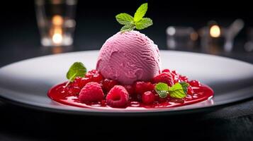 Photo of Raspberry Sorbet as a dish in a high-end restaurant. Generative AI