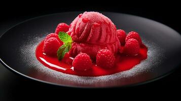 Photo of Raspberry Sorbet as a dish in a high-end restaurant. Generative AI