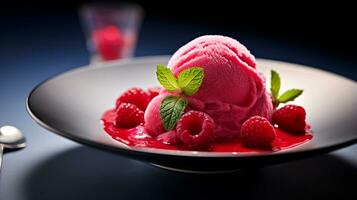 Photo of Raspberry Sorbet as a dish in a high-end restaurant. Generative AI