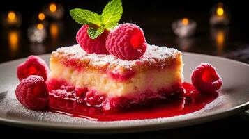 Photo of Raspberry Lemon Bars as a dish in a high-end restaurant. Generative AI