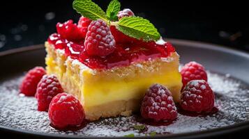 Photo of Raspberry Lemon Bars as a dish in a high-end restaurant. Generative AI