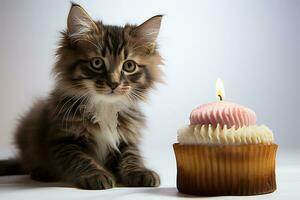 Birthday delight kitten captivated by chocolate cupcake, isolated on clean white AI Generated photo