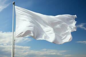 Wind blown white flag on flagpole, closeup view, isolated on white background AI Generated photo