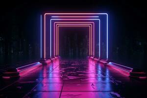 A blank frame within radiant neon lights, set against 3D geometric splendor. AI Generated photo