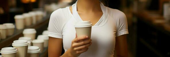 Warm hospitality Waitress offers hot coffee in a paper cup  AI Generated photo