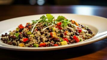Photo of Quinoa and Black Bean Salad as a dish in a high-end restaurant. Generative AI