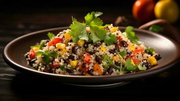 Photo of Quinoa and Black Bean Salad as a dish in a high-end restaurant. Generative AI