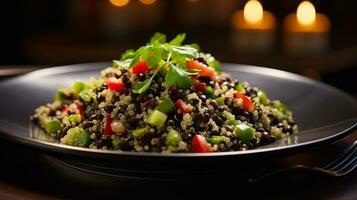 Photo of Quinoa and Black Bean Salad as a dish in a high-end restaurant. Generative AI