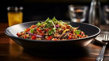 Photo of Quinoa and Black Bean Salad as a dish in a high-end restaurant. Generative AI