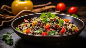 Photo of Quinoa and Black Bean Salad as a dish in a high-end restaurant. Generative AI