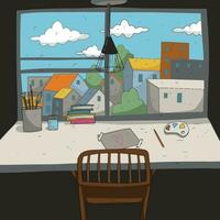 Cute illustration of artist's workspace. Big window with a view vector