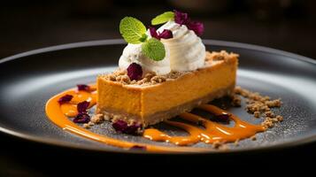 Photo of Pumpkin Cheesecake as a dish in a high-end restaurant. Generative AI