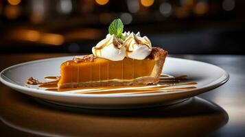 Photo of Pumpkin Pie as a dish in a high-end restaurant. Generative AI