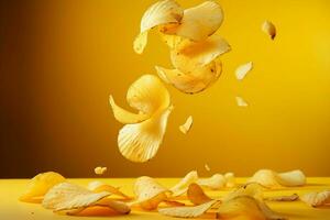 Levitating potato chips against vibrant yellow backdrop, capturing fast food preparation allure AI Generated photo