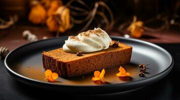 Photo of Pumpkin Bread as a dish in a high-end restaurant. Generative AI