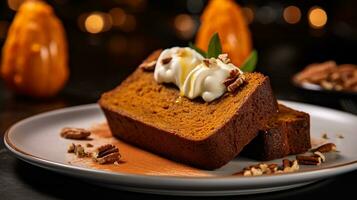 Photo of Pumpkin Bread as a dish in a high-end restaurant. Generative AI