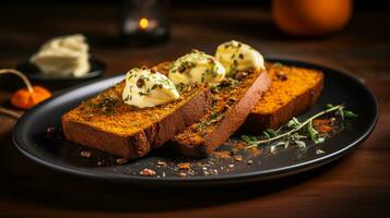 Photo of Pumpkin Bread as a dish in a high-end restaurant. Generative AI