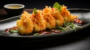 Photo of Prawn Tempura as a dish in a high-end restaurant. Generative AI