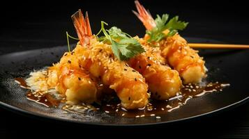 Photo of Prawn Tempura as a dish in a high-end restaurant. Generative AI