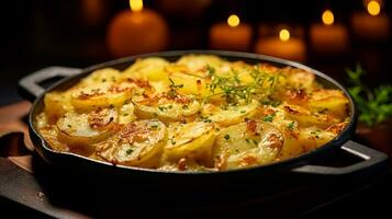 Photo of Potatoes au Gratin as a dish in a high-end restaurant. Generative AI