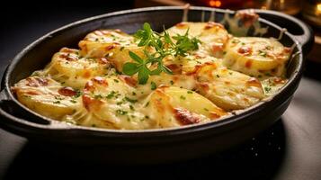 Photo of Potatoes au Gratin as a dish in a high-end restaurant. Generative AI