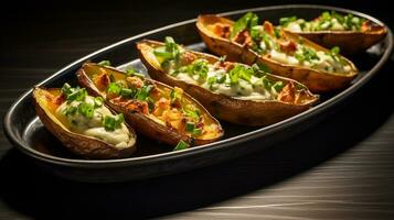 Photo of Potato Skins as a dish in a high-end restaurant. Generative AI